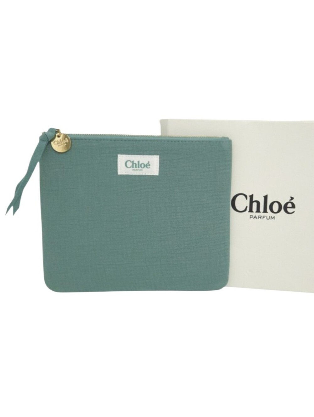 NWT Chloe Parfum Green & Gold Crinkle Fabric Zip Cosmetic Bag / Makeup Pouch